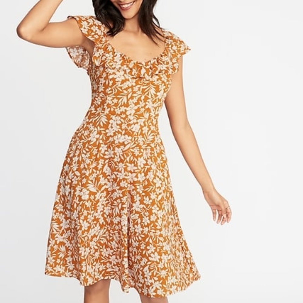 Old Navy Yellow Floral Flare Ruffle Trim Dress